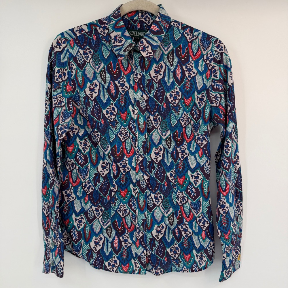 SOULEIADO Blue Feather Floral Print 100% Cotton Button Down Shirt Size 38
